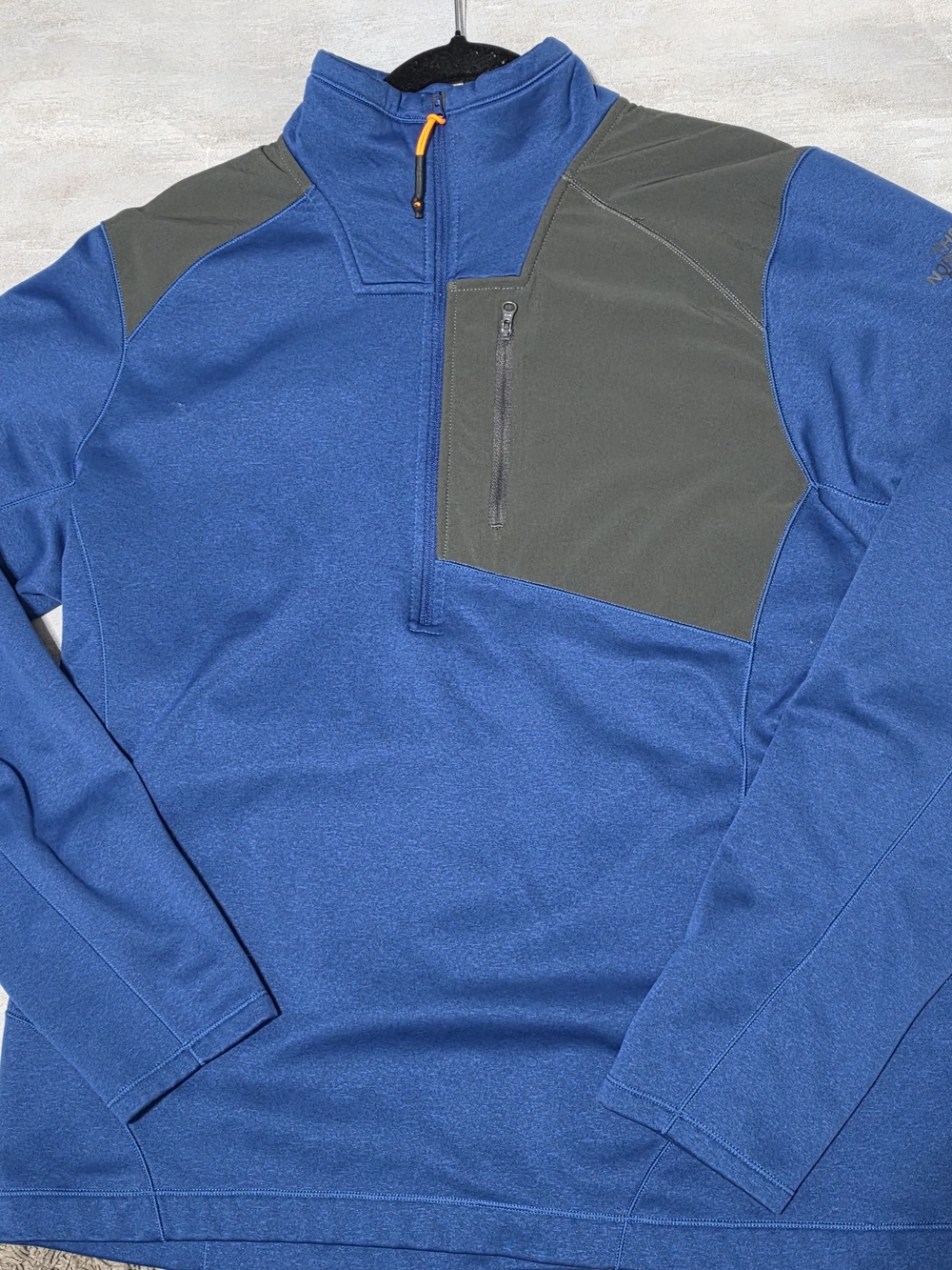 North Face Retro Men's Blue Quarter-Zip Pullover with Gray Shoulder Panel